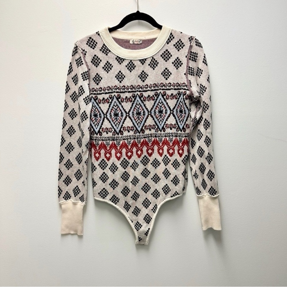 Free People Ivory Knit Fair Isle Bodysuit with Black and Burgundy sweater - Picture 2 of 3